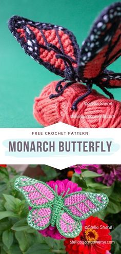 a butterfly made out of yarn sitting on top of a flower pot with the text free crochet pattern monarch butterfly