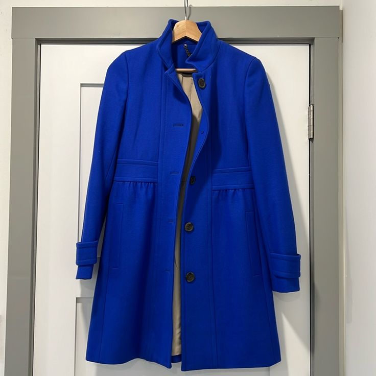 Practically New. Only Worn A Few Times. Lined And Beautifully Made. Royal Blue Winter Outerwear For Work, Royal Blue Long Sleeve Outerwear For Work, Fitted Royal Blue Outerwear For Work, Tailored Royal Blue Outerwear For Work, Elegant Royal Blue Outerwear For Fall, Elegant Royal Blue Fall Outerwear, Blue Wool Coat, Beautifully Made, Blue Wool