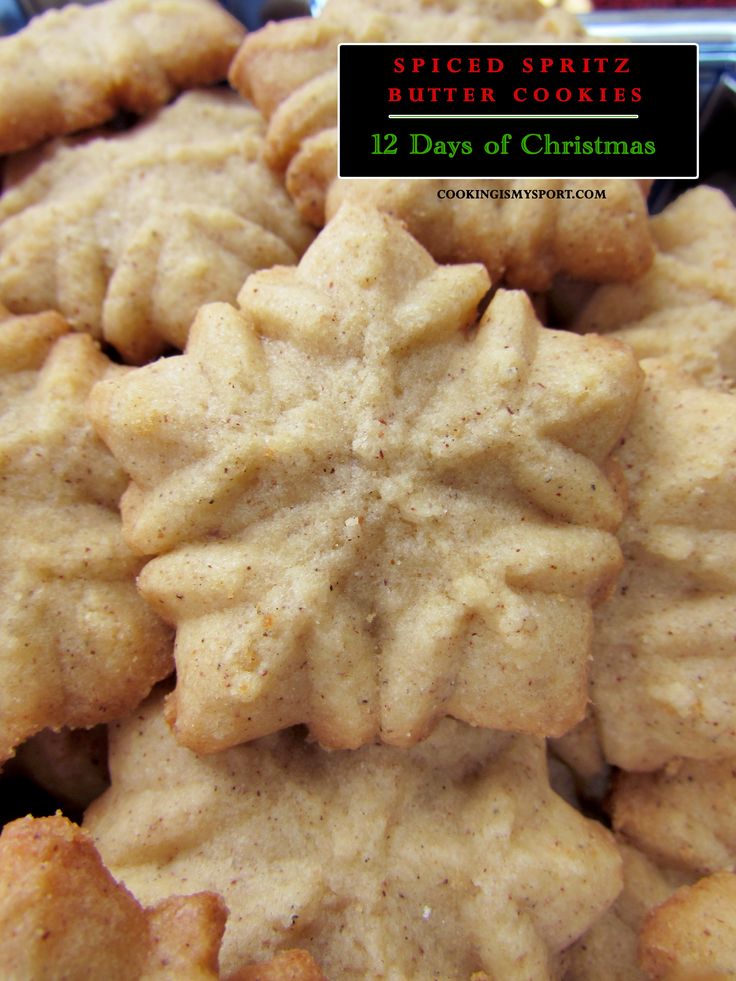 some cookies are sitting on a plate with the words spiced spritz butter cookies 12 days of christmas