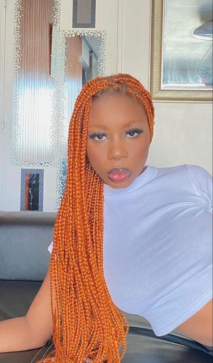 #orange #boxbraids #braids #braidstyles #braidedhair #braidedhairstylesforblackwomen #aesthetic #art Ginger Box Braids With Blonde, Orange Hair Black Women Braids, Burnt Orange Box Braids, Orange Box Braids, Yellow Braids, Orange Braids, Braids Blonde, Braid Wigs, Short Box Braids Hairstyles