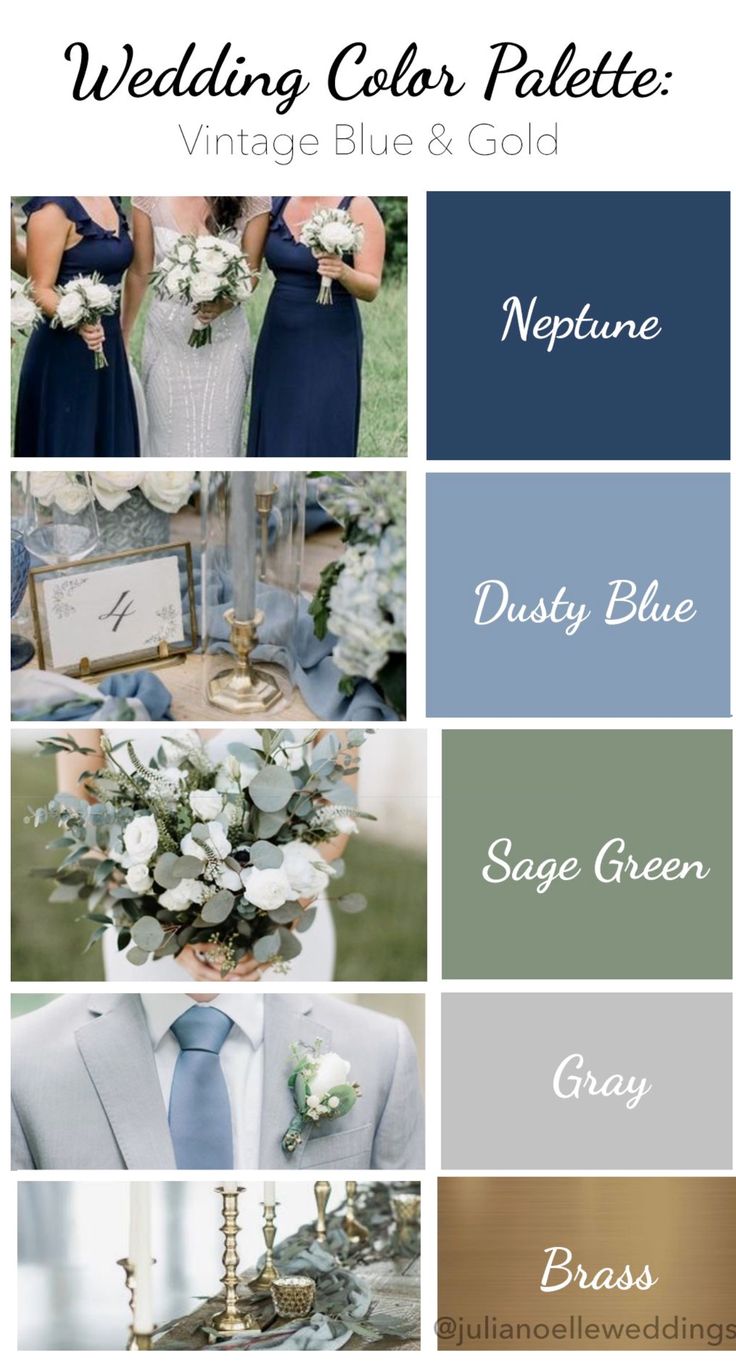 the wedding color palette is blue, grey, and gold with white flowers on it