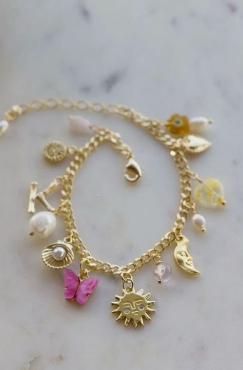 Etsy Charm Bracelets, Summer Charm Bracelet, Charm Bracelet Aesthetic, Millefiori Beads, Charm Bracelet Gold, Pearl Beaded Bracelet, Enamel Butterfly, Preppy Jewelry, Lavender Amethyst