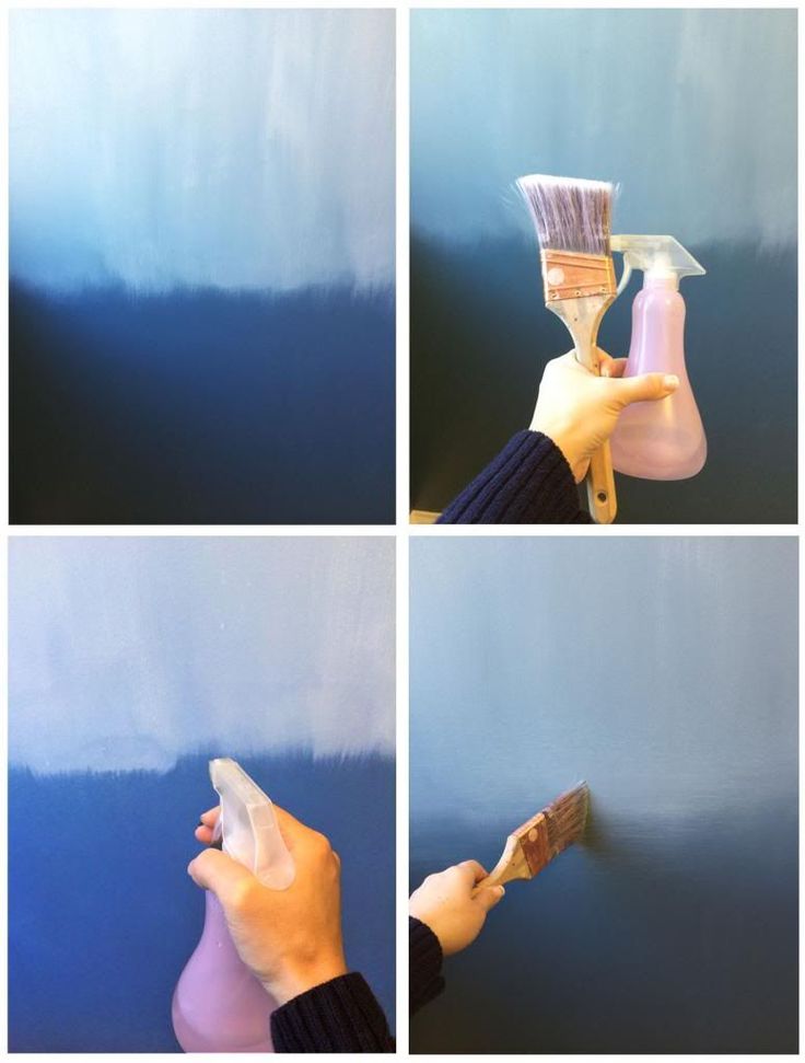 four pictures of someone painting the wall with blue and white paint, one is holding a brush