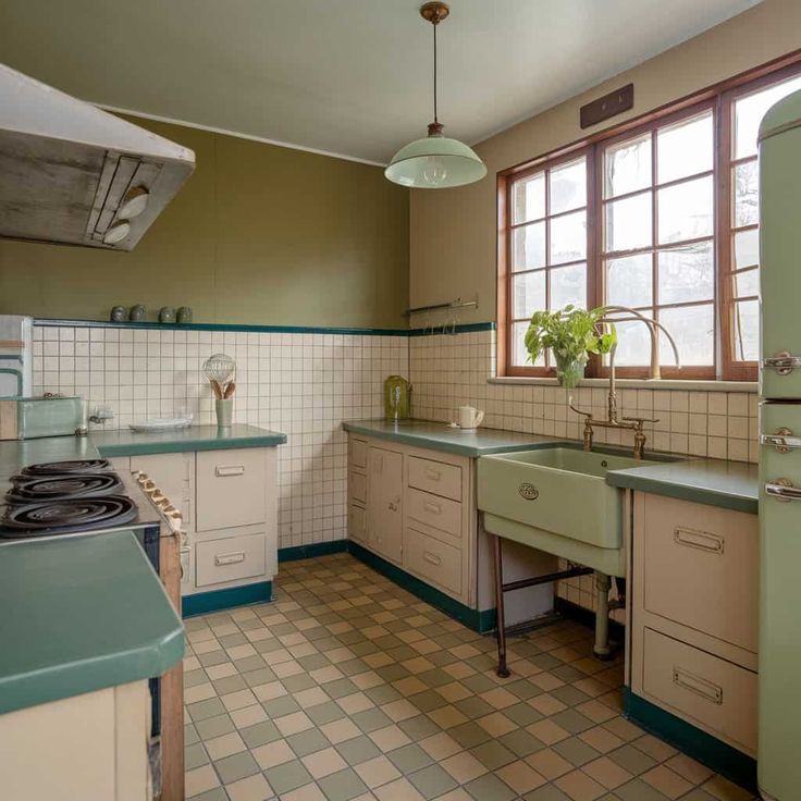 an old fashioned kitchen with green counters and white tile on the walls, along with two windows