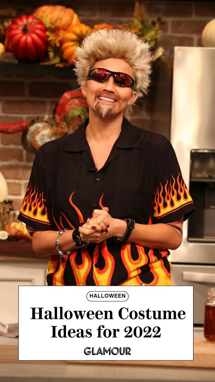 a woman with white hair and glasses standing in front of a stove top wearing a black shirt that says halloween costume ideas for 2009 glamour