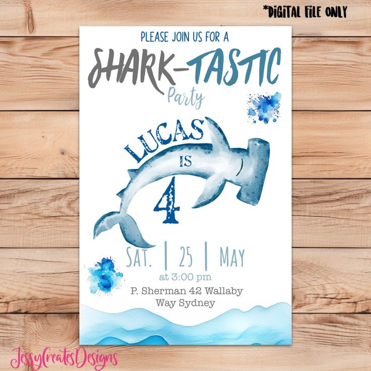 a shark birthday party flyer with watercolor paint on it and the words shark - tastic