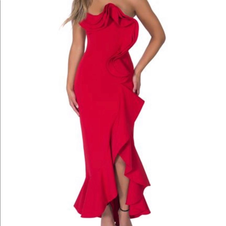 Nwt. Size Xl. 95% Polyester, 5% Spandex Red Ruffle Hem Evening Dress, Red Evening Dress With Ruffle Hem, Red Strapless Maxi Dress With Ruffles, Red Sleeveless Evening Dress With Ruffles, Red Ruffle Hem Dress For Evening, Red Ruffle Dress With Ruffle Hem For Evening, Red Ruffled Midi Dress For Evening, Evening Red Midi Dress With Ruffles, Flirty Red Dress For Gala