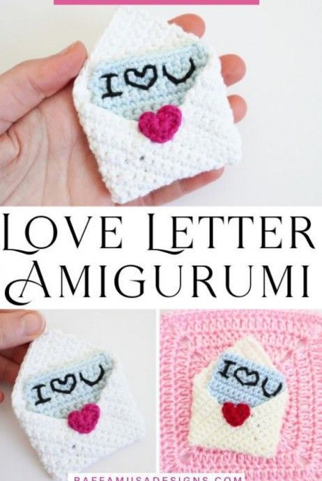 crocheted love letter amigurum is shown in three different pictures