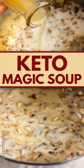 a person pouring keto into a pot full of food with the words keto magic soup above it