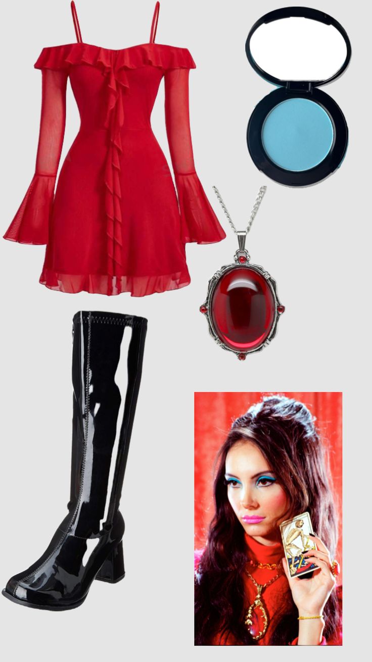 a woman in red dress and black boots is wearing a necklace, earrings, and lipstick