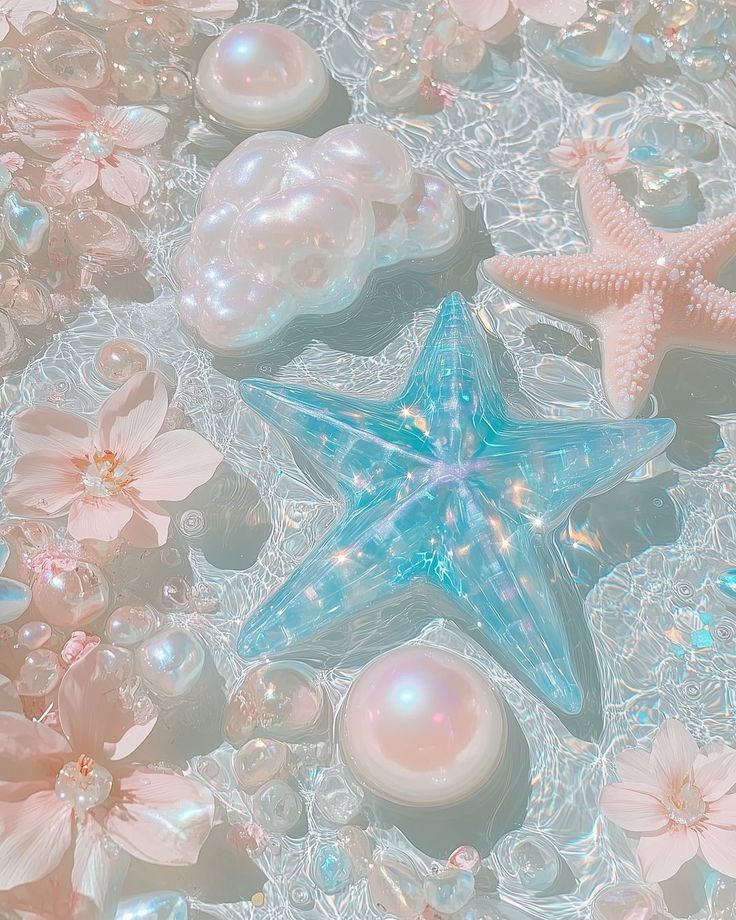 starfish, pearls and seashells are floating in the water