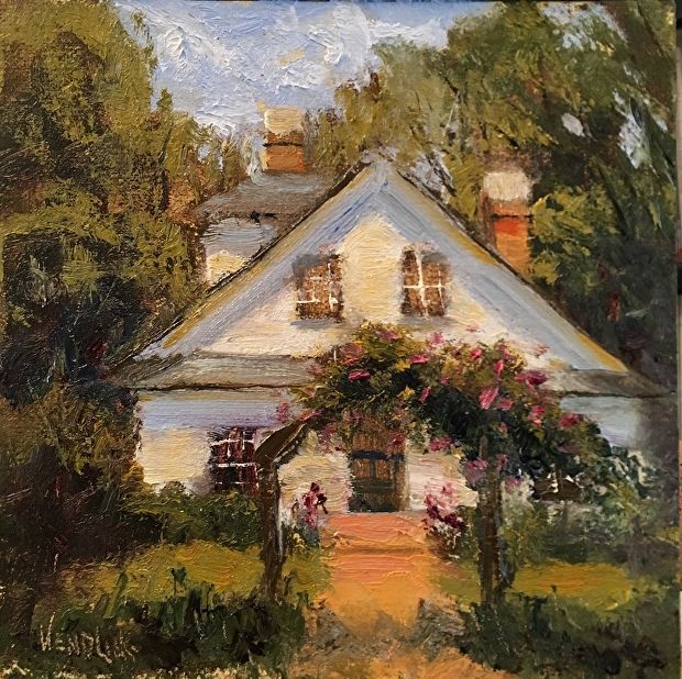 a painting of a white house with flowers on it