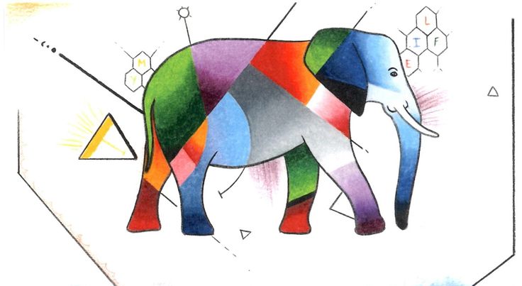 an elephant painted with different colors on it's body and some geometric shapes in the background