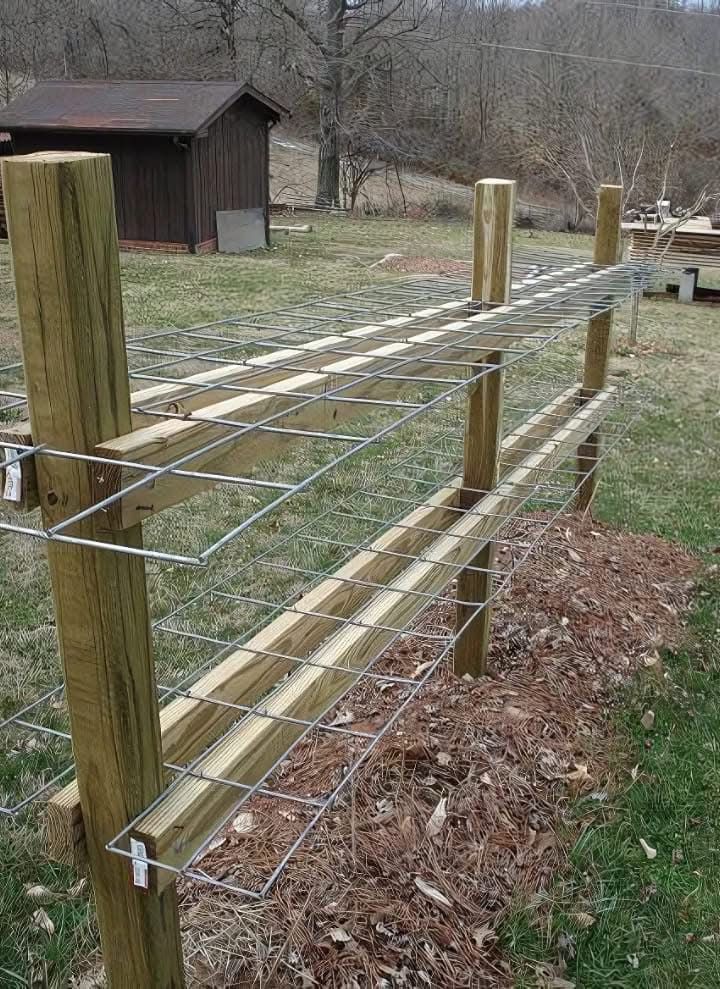 a wooden fence with wire around it on the grass and trees in the back ground