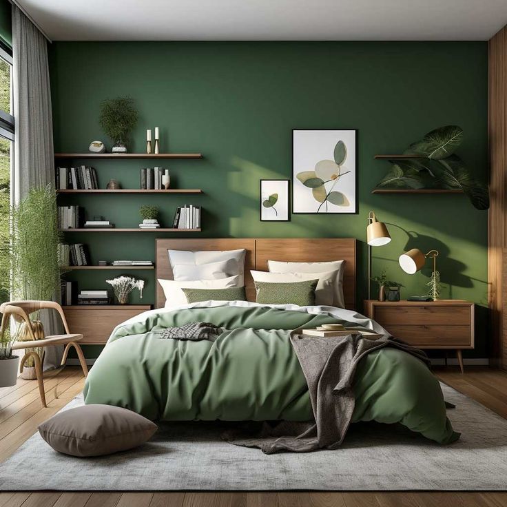 a bedroom with green walls and wooden floors is pictured in this image, the bed has an olive green comforter on it