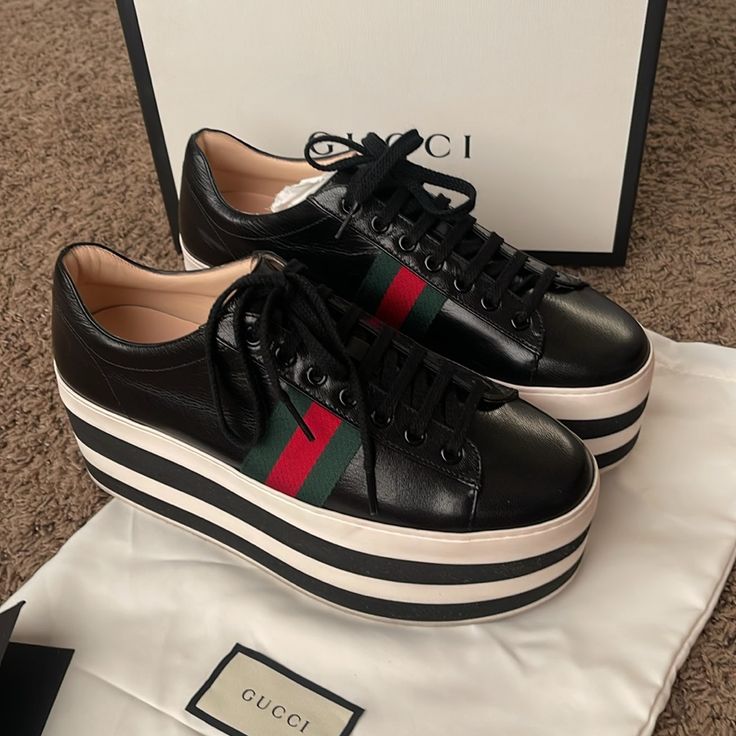 Gucci Peggy Black Leather Platform Sneakers 39 Worn Twice, In Great Condition. Only Sign Of Wear Is On The Sole Of The Shoes. Come With Dustbag And Box Gucci Low-top Platform Sneakers With Branded Insole, Gucci Designer Platform Sneakers With Round Toe, Designer Gucci Platform Sneakers With Round Toe, Gucci Leather Low-top Platform Sneakers, Casual Gucci Platform Sneakers With Round Toe, Gucci Leather Platform Sneakers, Designer Platform Sneakers With Rubber Sole, Gucci Calf Leather Sneakers, Gucci Black Low-top Sneakers