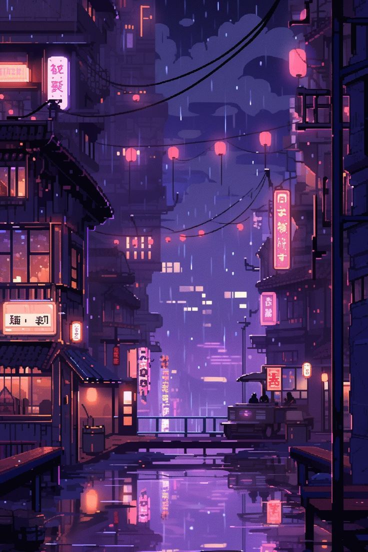 an image of a city at night with neon lights and rain falling on the street