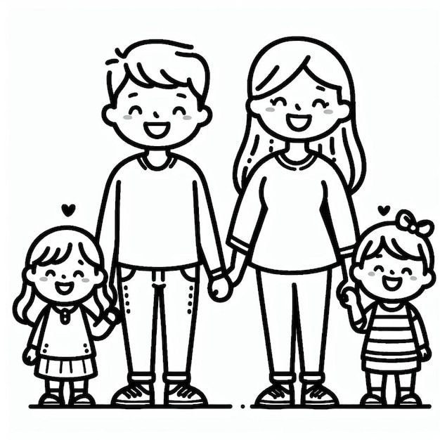 a black and white drawing of a family holding hands