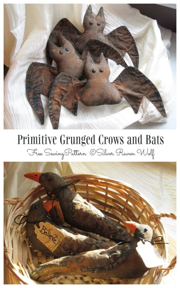 primitive grunged crows and bats in a basket