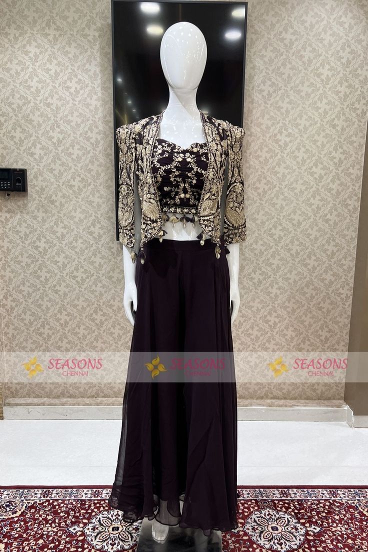 Palazzo Suit, Zari Work, Suit Set, Chennai, Crop Top, Crop Tops, Wine