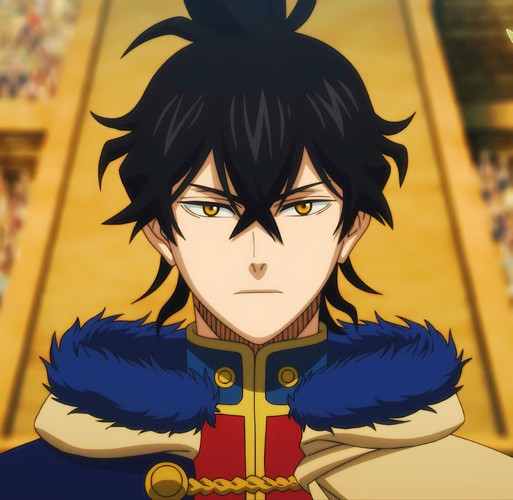 an anime character with black hair wearing a blue and yellow outfit, standing in front of a crowd