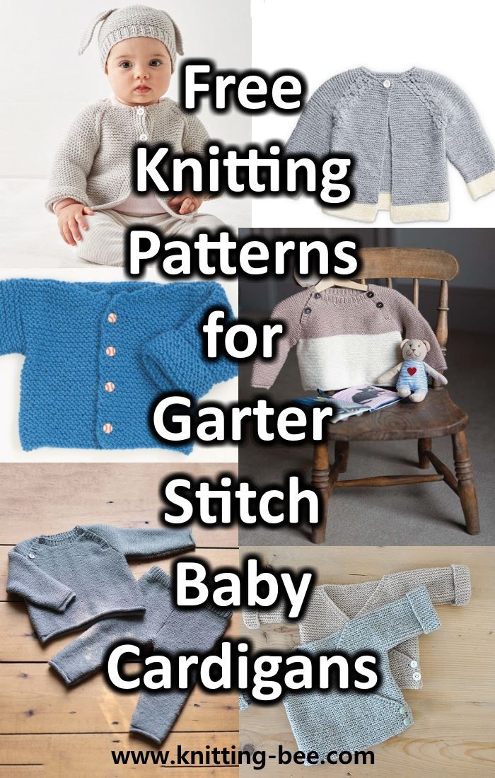 knitting patterns for garter stitch baby cardigans with text overlay that reads free knitting patterns for garter stitch baby cardigans