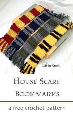 three crocheted scarves with text overlay that reads house scarf bookmarks a free crochet pattern