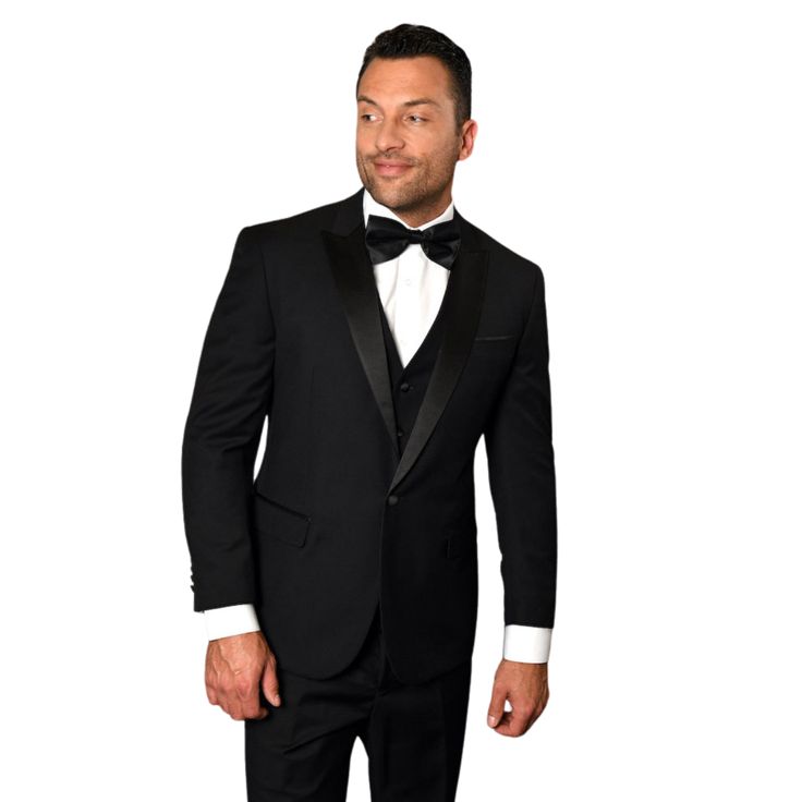 SEmbrace sophistication with the Earl Elegance 3PC Tailored Fit Tuxedo in classic black. This tuxedo is the epitome of formal excellence, featuring a sharp peak lapel and meticulously tailored flat-front pants. The fine 100% wool fabric provides a smooth drape and a soft touch, ensuring you look impeccable at any upscale event. The black colorway offers unparalleled versatility and timeless appeal, making it a fundamental piece in the wardrobe of the discerning gentleman.    Style:  3-piece tail Notch Lapel Tuxedo For Black-tie Gala Events, Tuxedo Suits For Black-tie Gala Events, Black Tuxedo For Black-tie Gala Events, Black Tuxedo For Black-tie Gala, Classic Black Suits For Gala, Fitted Tuxedo For Evening Wear, Classic Black Tuxedo For Gala, Timeless Black Tuxedo For Evening, Elegant Fitted Tuxedo For Black Tie Events