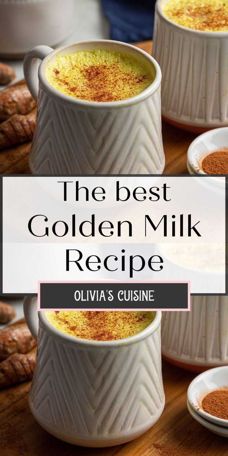 the best golden milk recipe with spices in white dishes on a wooden table next to cinnamons