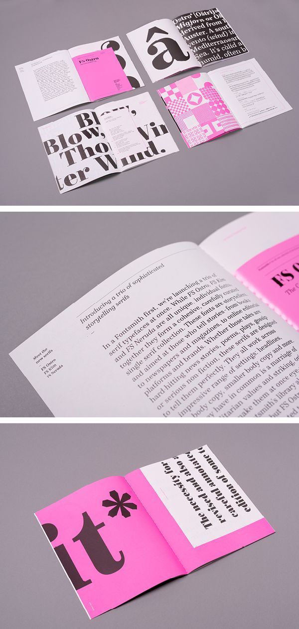 three different views of the inside of a brochure with pink and black designs