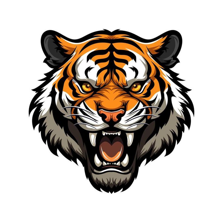 the head of a tiger with an open mouth and bared teeth on a white background