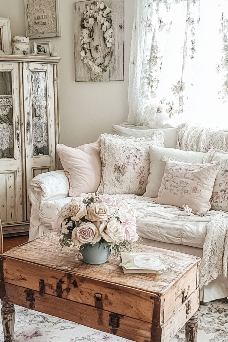 a living room filled with lots of furniture and flowers on top of a coffee table