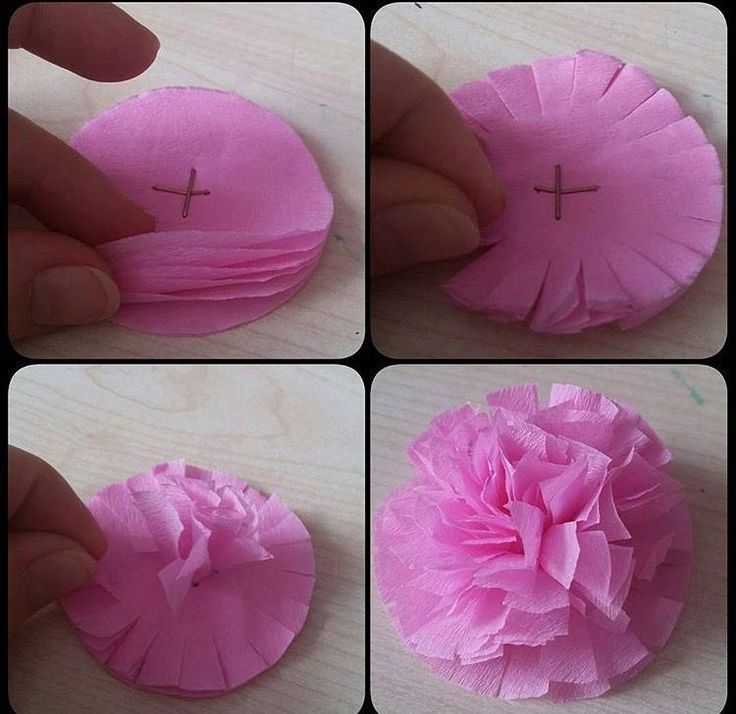 four pictures showing how to make tissue paper flowers with crochet crosses on them