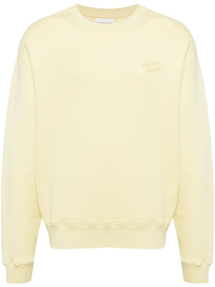 light yellow cotton fleece texture embroidered logo at the chest ribbed trim crew neck drop shoulder long sleeves straight hem Yellow Sweatshirt, Mens Activewear, Cotton Fleece, Light Yellow, Logo Embroidered, Drop Shoulder, Knitwear, Active Wear, Long Sleeves