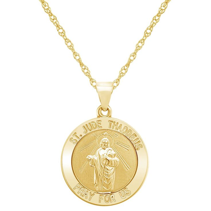 "Crafted from 14k gold, this Saint Jude pendant is a daily symbol of faith in uncertain times. Crafted from 14k gold, this Saint Jude pendant is a daily symbol of faith in uncertain times. Chain length: 18 in. Chain type: rope Clasp: spring-ring Metal: 14k gold Finish: polished Inscription: ""St. Jude Thaddeus Pray For Us"" Packaging: boxed Please note, due to the high value of this item, a signature may be required upon delivery. Size: 18"". Color: Yellow. Gender: female. Age Group: adult." Yellow Gold Necklace With Miraculous Medal, 14k Gold Spiritual Miraculous Medal Jewelry, 14k Gold Spiritual Miraculous Medal Jewelry And Charms, Yellow Gold Necklace With Miraculous Medal Round Pendant, 14k Gold Miraculous Medal Necklace For Anniversary, 14k Yellow Gold Miraculous Medal Necklace, 14k Gold Necklace With Miraculous Medal For Anniversary, 14k Yellow Gold Necklace With Miraculous Medal, Anniversary Yellow Gold Miraculous Medal Jewelry