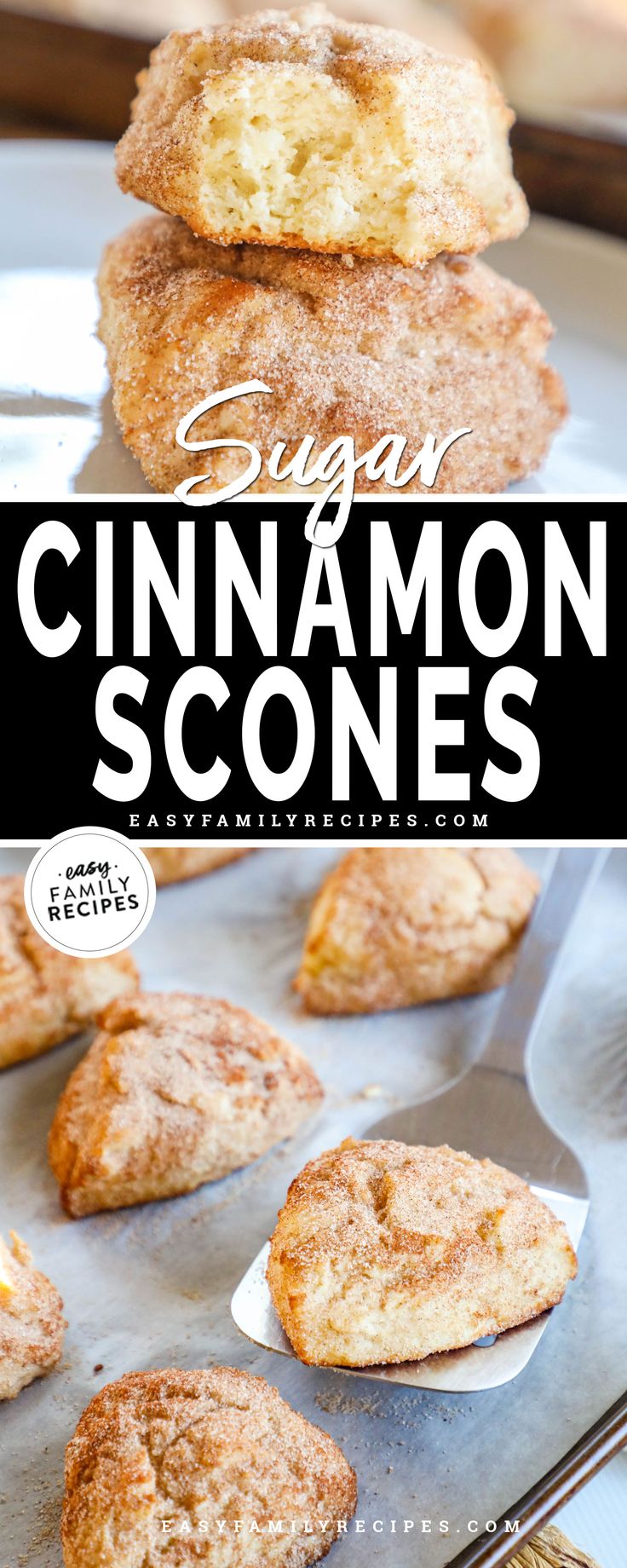 two images of scones, one with two scones stacked and another with scones lined on a baking sheet. Soft Fluffy Scones Recipe, Easy Scones Recipe 3 Ingredients, Fluffy Scones Recipe, Cinnamon Sugar Scones, Sweet Scones Recipe, Sweet Scones, Sour Cream Scones, Cinnamon Scones Recipe, Cinnamon Sugar Bread