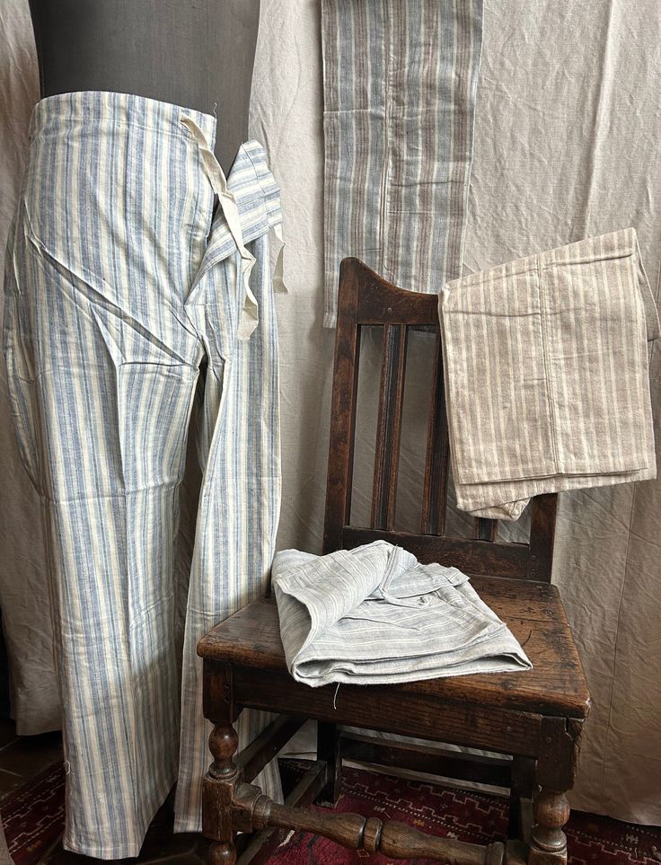 Vintage deadstock French flannel cotton pyjama pants bottoms only Stamped H M C 1940s new old stock Deadstock and unworn unlaundered and unpacked for the first time to photograph them. Circa 1940s.  Made from soft cotton flannel in muted stripes.  I've 2 models only now available  blue/ white stripes and brown/beige stripes... see photos These are unwashed and unworn deadstock  - they are being sold as found in order to retain their deadstock state.   May have few faint storage marks, and they are  creased from storage and are still starchy from being unlaundered so will need to be laundered before wear in any case.  Circa 1940s-50s. Made from soft 100% cotton flannel in stripes.  Deadstock French military hospital issue. 100% cotton, made in France  They have the HM (Hôpital Militaire ) t Cotton Sleepwear With Vertical Stripes For Loungewear, Striped Relaxed Fit Bottoms For Pajama Party, Striped Cotton Loungewear Bottoms, Striped Linen Pants For Loungewear, Striped Cotton Lounge Bottoms, Striped Cotton Bottoms For Pajama Party, Cotton Long Pants For Home, Vintage Cotton Bottoms With Vertical Stripes, Vintage Pyjamas