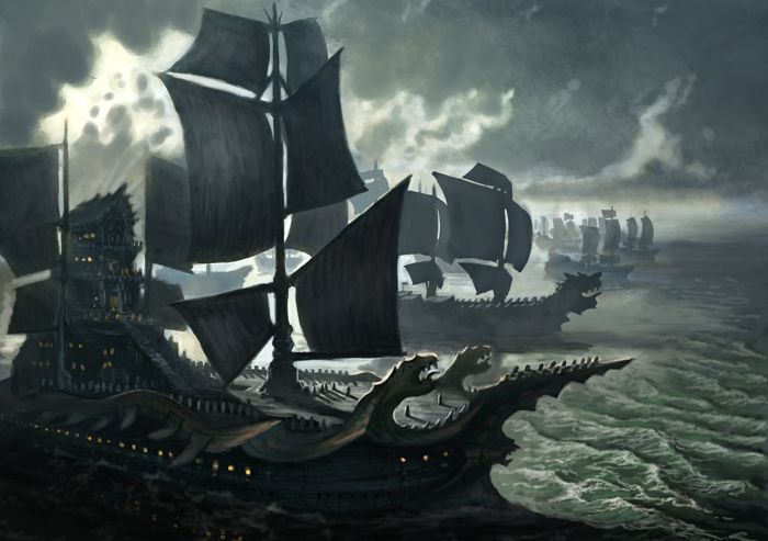 an image of a pirate ship in the middle of the ocean with other ships behind it