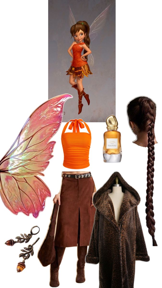 a woman in an orange top and brown skirt with a butterfly on her back, next to other items