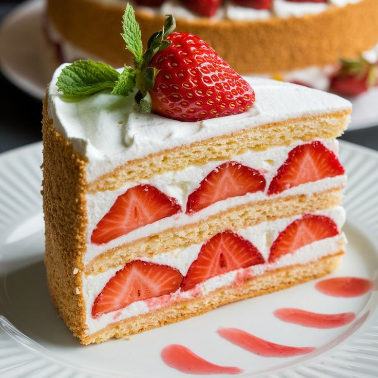 a piece of cake with white frosting and strawberries on top