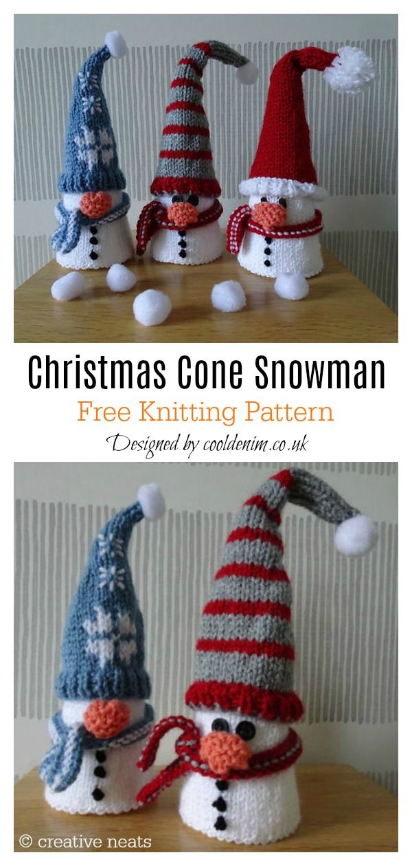 three knitted gnomes sitting on top of a table with the text christmas one snowman free knitting pattern