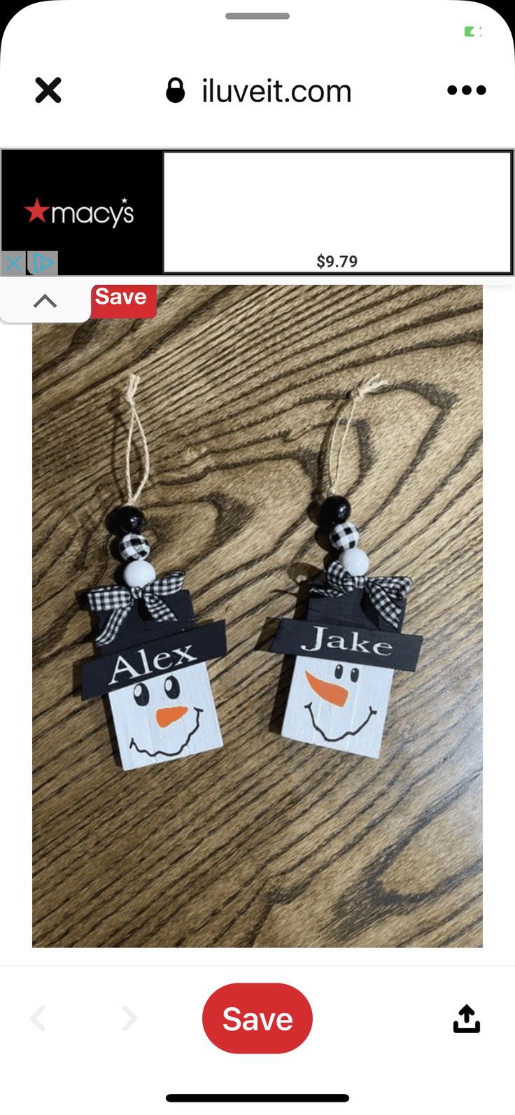 two snowman tags are hanging on a wooden table with the words alex and jack attached to them