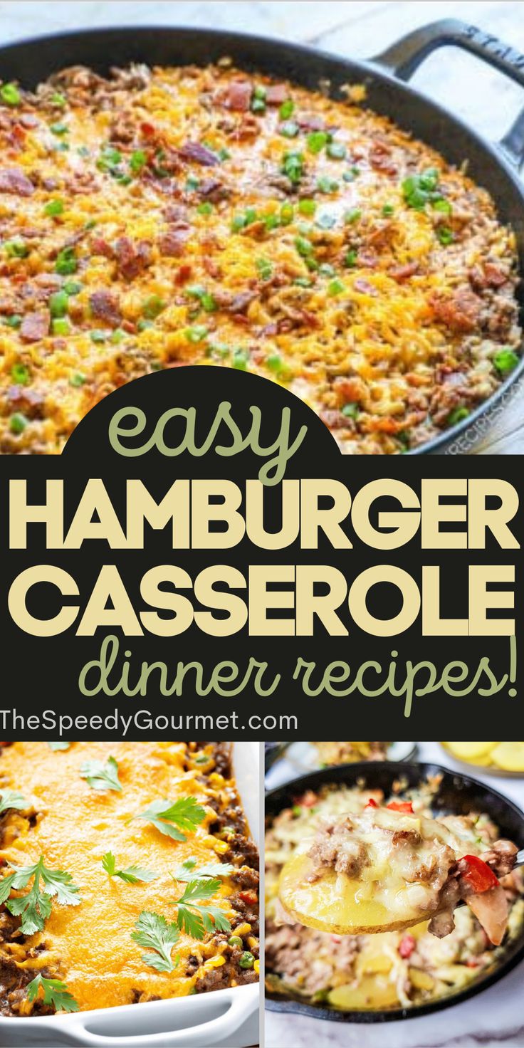 an easy hamburger casserole dinner recipe in a skillet with the title overlay