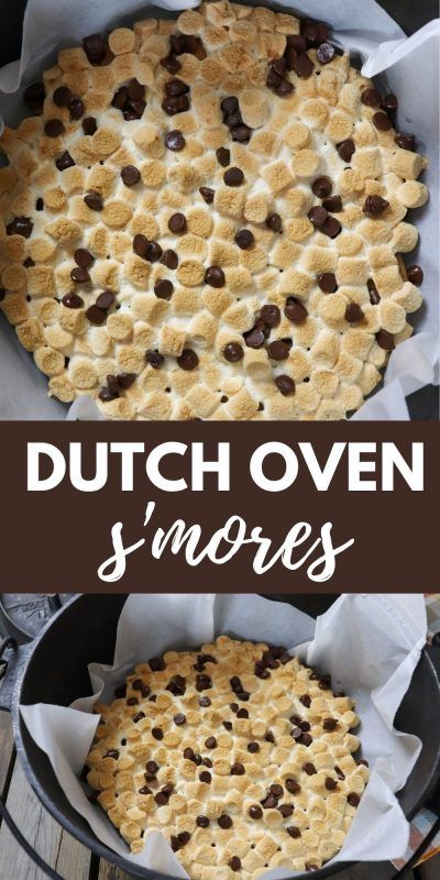 dutch oven s'mores pie in a cast iron skillet with text overlay