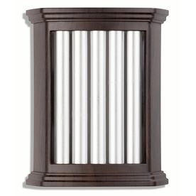 a wall mounted mirror on the side of a wooden frame with white and brown stripes