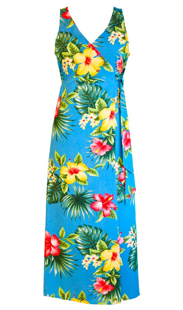 Ladies Tropical Print V-Neck Faux Wrap Tea Length Dress Empire Waist with Off Center Tie Closure V-Neck | Faux Wrap | Front Leg Slit Pull Over Style Tea Length Dress Comfortable Fit with Back Elastic 100% Rayon - Made in Hawaii. Hawaiian Aloha Clothing from: RJC Hawaii / Puanani Care & Cleaning: Machine wash gentle Wrap Skirt Pants, Tropical Outfit, Dress Empire Waist, Tea Length Dress, Dress Comfortable, Empire Dress, Tea Length Dresses, Ruffled Sleeve Top, Tea Length