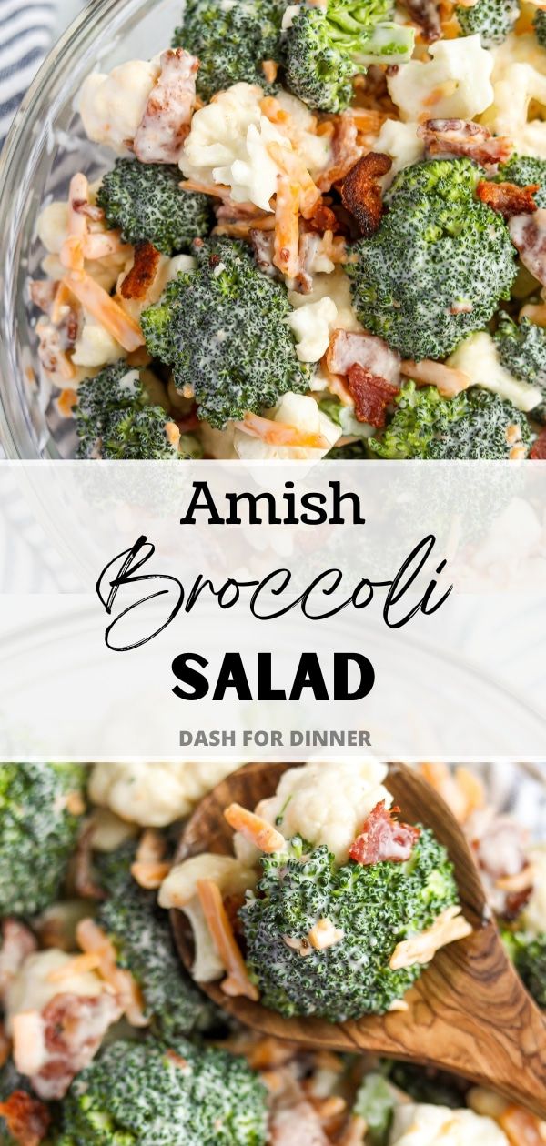 broccoli salad in a glass bowl with a wooden spoon and title text overlay reads amish broccoli salad dash for dinner