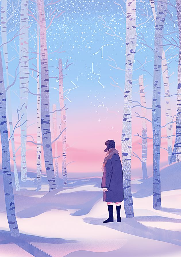 a woman standing in the middle of a forest with snow on it's ground