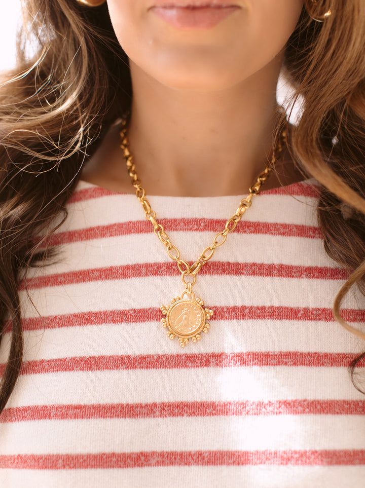 Bea Necklace – Brinker + Eliza Gold-tone Medallion Necklace With Coin Pendant, Gold-tone Medallion Charm Necklace, Brass Medallion Necklace Tarnish Resistant, Tarnish Resistant Brass Medallion Necklace, Yellow Gold Brass Medallion Charm Necklace, Vintage Gold Medallion Necklace Tarnish Resistant, Gold-tone Medallion Chain Necklace, Tarnish Resistant, Brass Medallion Charm Necklaces, Gold-plated Gold-tone Medallion Pendant Necklace