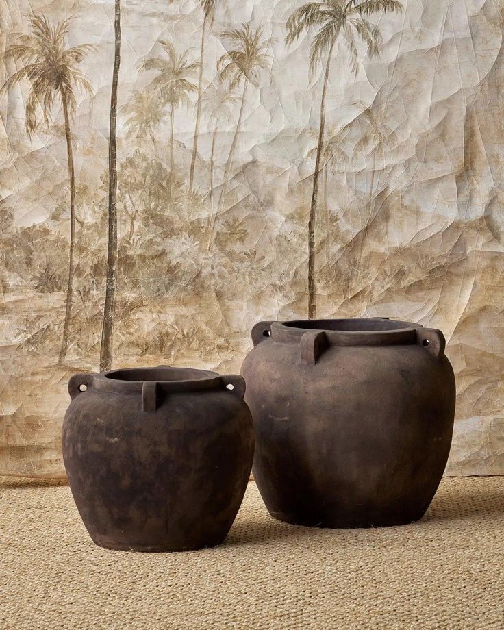 two vases sitting next to each other in front of a wall with palm trees